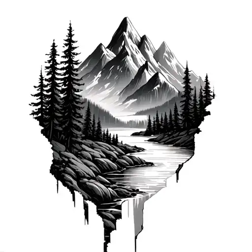 Mountains And Trees With Stream Splits The Mountain