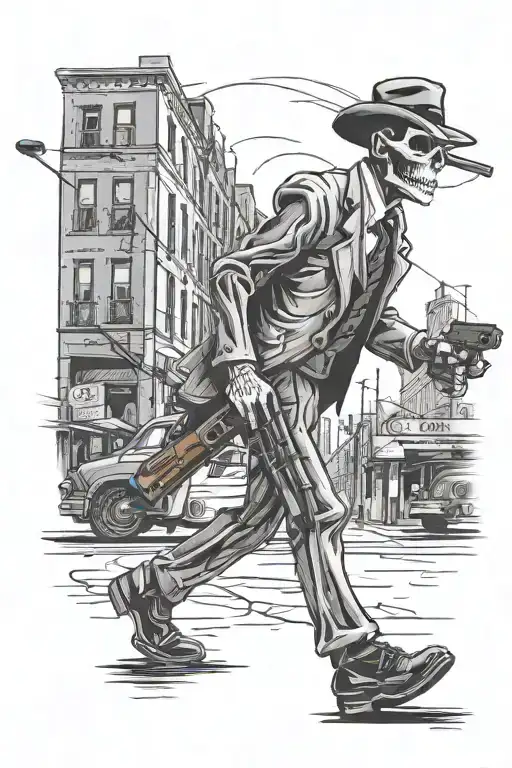 Skeleton Mobster Holding A Shotgun In The Middle Of A City Street