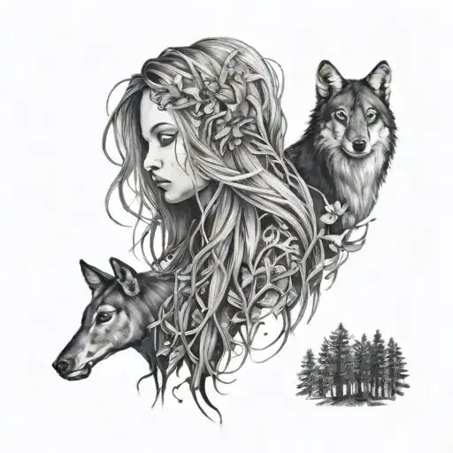 Woman With Long Hair And Animals In A Forest