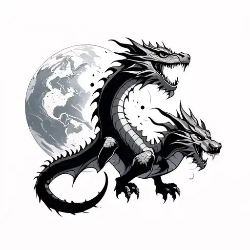 Dragon Travelling Through Earth Arriving At Heaven Black And Grey