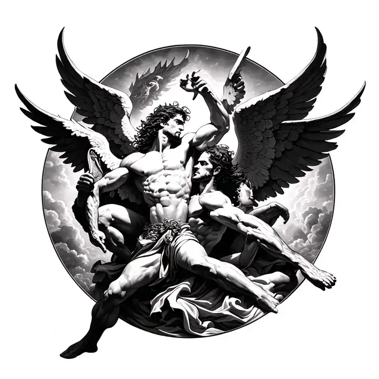 Hell Vs Heaven Fighting With Archangel Michael Slaying Lucifer In Center