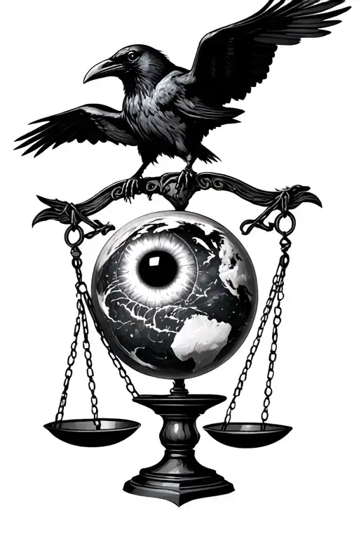 Raven Landing On A Scales Of Justice With An Eyeball On One Scale And The World On The Other Scale