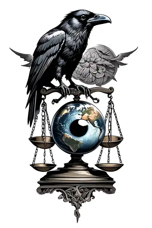Raven Landing On A Scales Of Justice With An Eyeball On One Side And The World On The Other Side