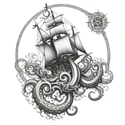 Kraken With Compas And Anchor Intertwined