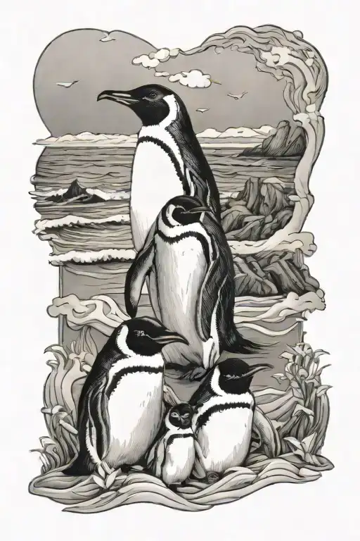 Penguin Family Seascape Scene Inspired