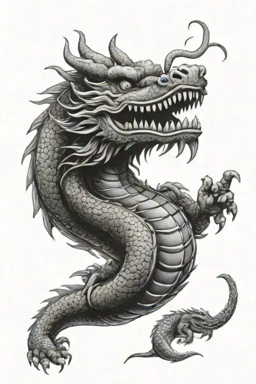 Asian Dragon With Head Similar To A Crocodile Or Alligator Matching A Buddha With Foo Dog