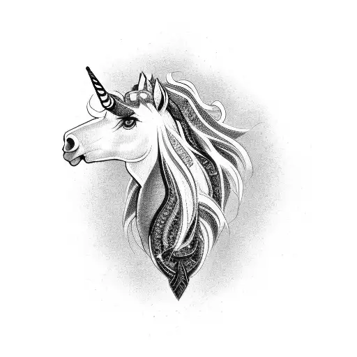 A Sleek Black And Grey Unicorn With Intricate Legal Symbols Hidden In Its Mane