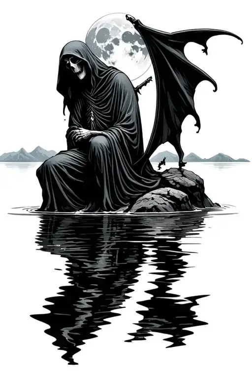 Grim Reaper Sat On A Rock Surrounded By Water With The Moon Behind Casting Shadow Onto Water