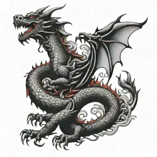 Black Red Asia Dragon Flying Together