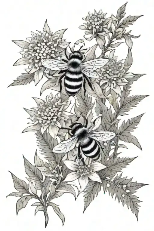 Edelweiss Flowers And Silver Ferns With A Bee Flying