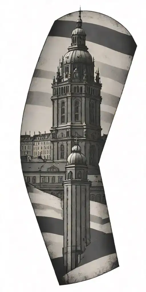 Stockholm County Flag Combined With Tower Of Stockholm City Hall And Also Stockholm Stadium