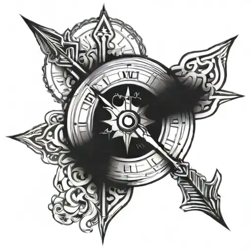 Half Compass And Clock With Arrow Through It