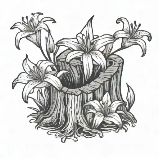 Tree Stump With Day Lilly Line Work