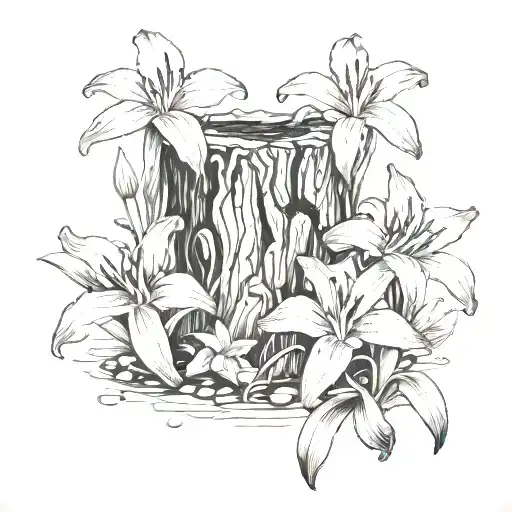 Fine Line Tattoo Of A Tree Stump With Day Lily Flowers Sprouting On Top