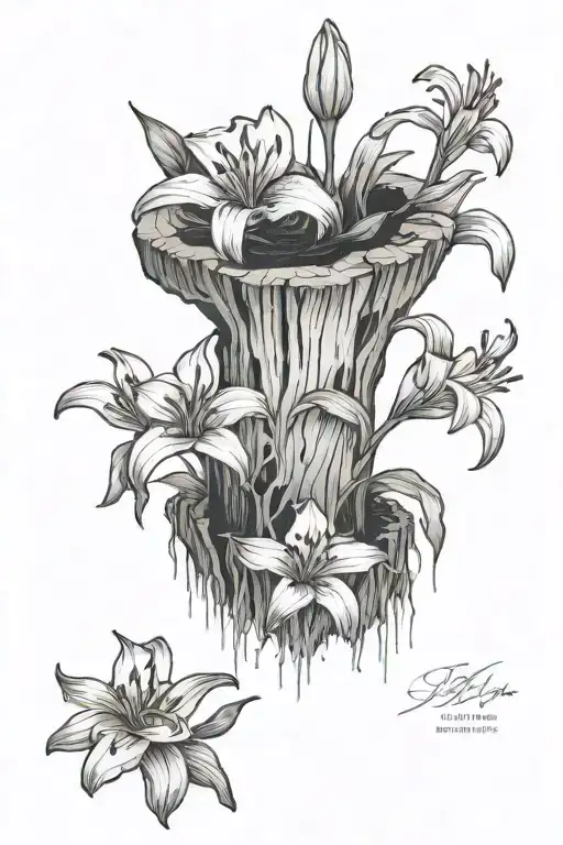 Fine Line Tattoo Of A Tree Stump With Day Lily Flowers Sprouting On Top