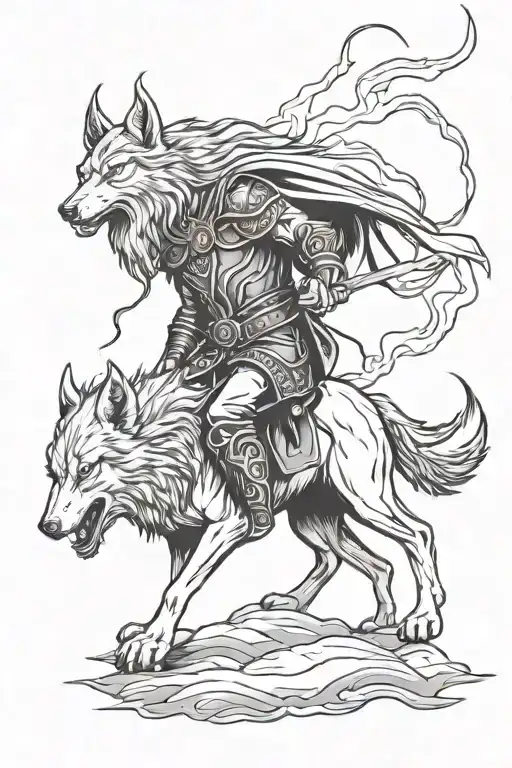 Odin And Wolf With Lightning Storm