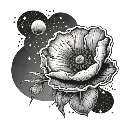 Poppy Flower And Moon Surrounded By Stars