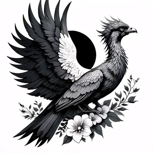 Pheonix With Moon And Flowers