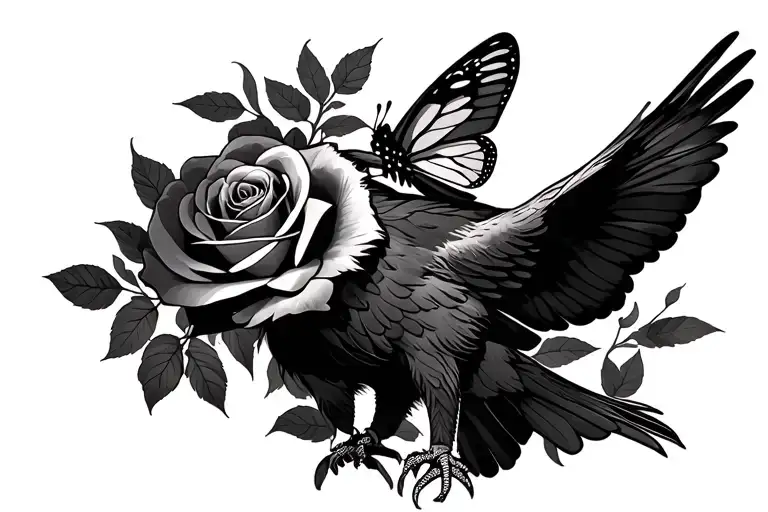Hawk With A Rose And Butterfly