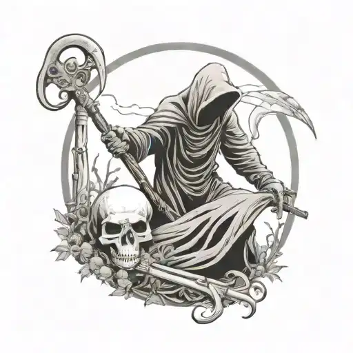 Reaper In Cemetery Holding A Scythe And A Skull In Other Hand