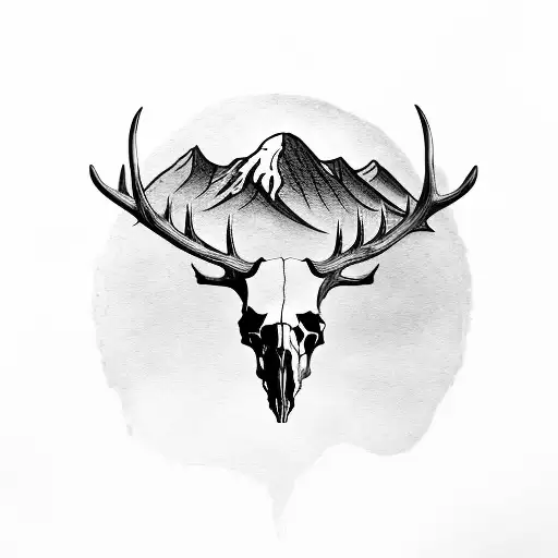 Elk Skull With Mountains And Trees