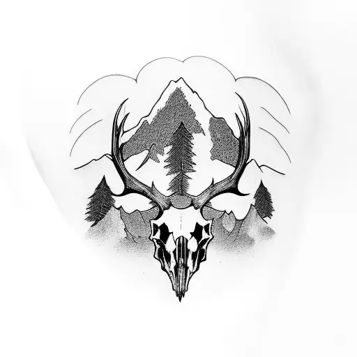Elk Skull Sleeve With Mountains And Trees On Shoulder