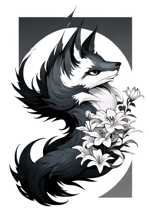 Nine Tailed Fox With Japanese Lily Sleeve Around Right Arm Full Length