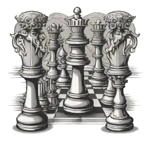 Back Row Of Chess Pieces Lined Up Around Leg