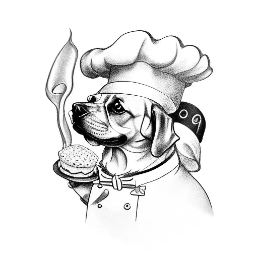Design A Tattoo Of A Dog Wearing A Chef's Hat Surrounded By Baked Goods