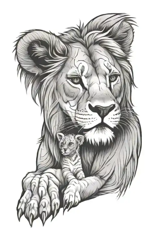 The Lion Stands Up Straight And Hugs The Lion Cub With One Paw