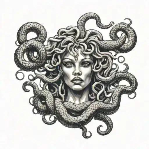 Medusa With Bold Eyes And Snakes Covering Enitre Mouth