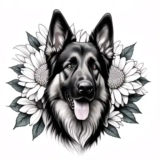 German Shepherd With Chrysanthemum Flower