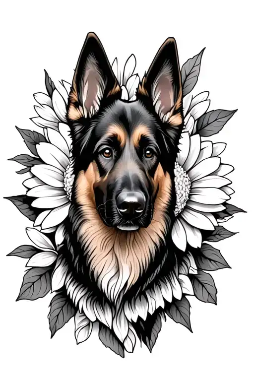 German Shepherd With Chrysanthemum Flower