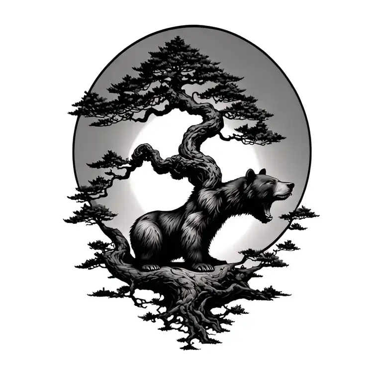 Bear Under Curved Bonsai Tree