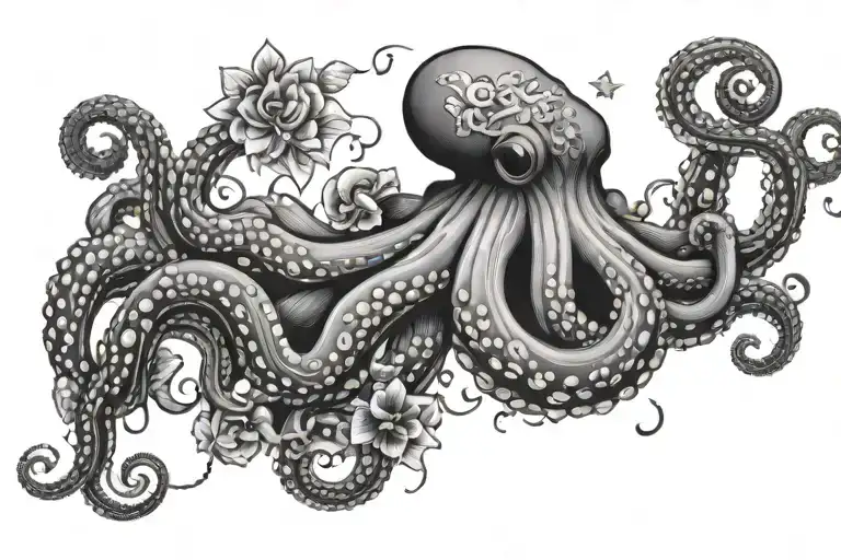 Octupus With Floral And Shells And Stars Forming