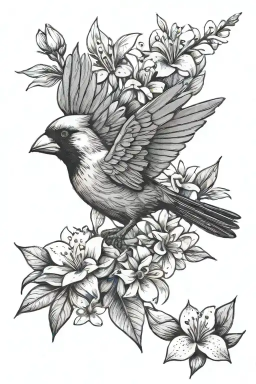 Cardinal Flying With Plumeria And Dogwood