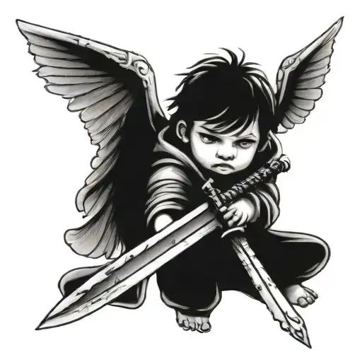 Child With Wings And A Sword Tattoo Design