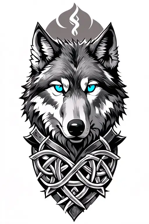Wolf With Blue Eyes On Armor Tattoo Design Featuring Celtic Trinity Knot