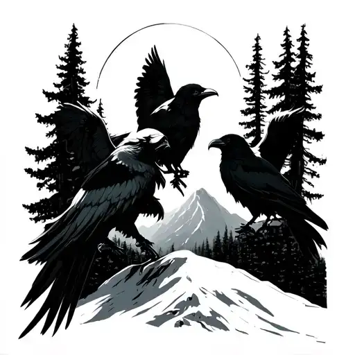 Valkyre With 2 Ravens In The Forest Mountains Sun