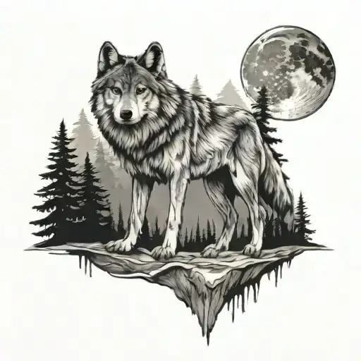 Design A Tattoo With A Full Body Wolf Along With Forest Mountain Moon And Compass