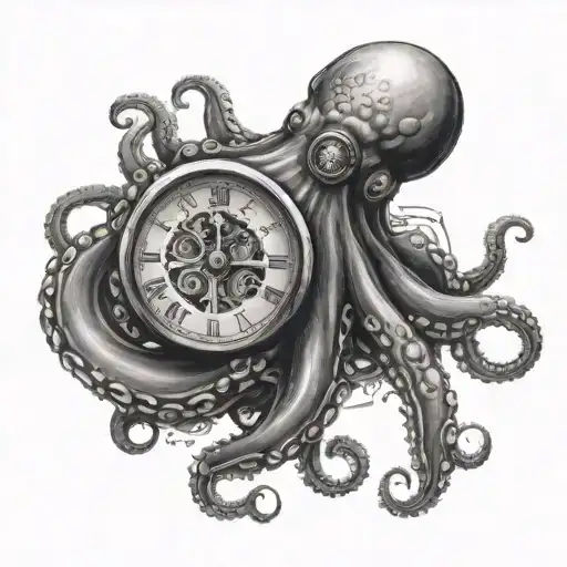 Octopus And Clock Arm Tattoo Black And White