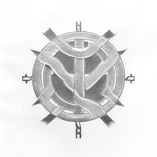 One Side Christian Cross With Other Side Of Buddhist Dharma Logo For Arm Tatoo