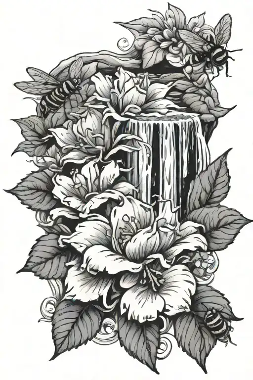 Waterfall Flowers And Bee