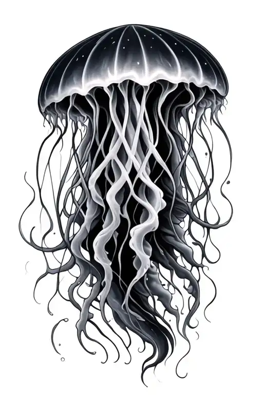 Sharp Black And Grey Photo-realistic Jellyfish Flowing Tattoo Design For Man