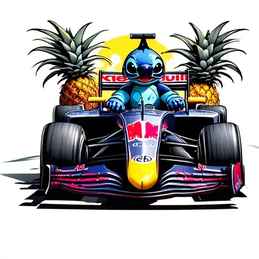 Stitch Driving A Red Bull Formula One Car With A Pineapple Background