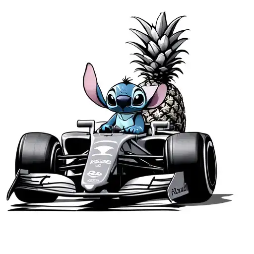 Disney's Stitch Driving A Red Bull Formula One Car Slightly Angled With A Pineapple Background
