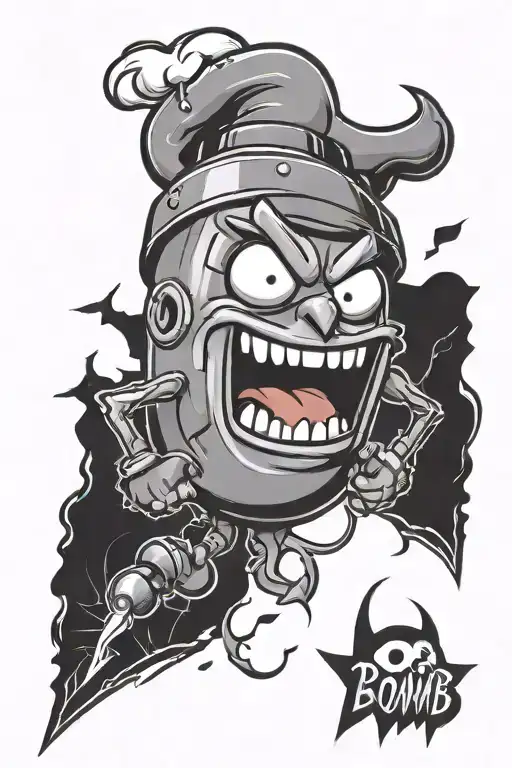 Creepy Old Cartoon Bomb Character Lightning Hos Own Fuse While Laughing