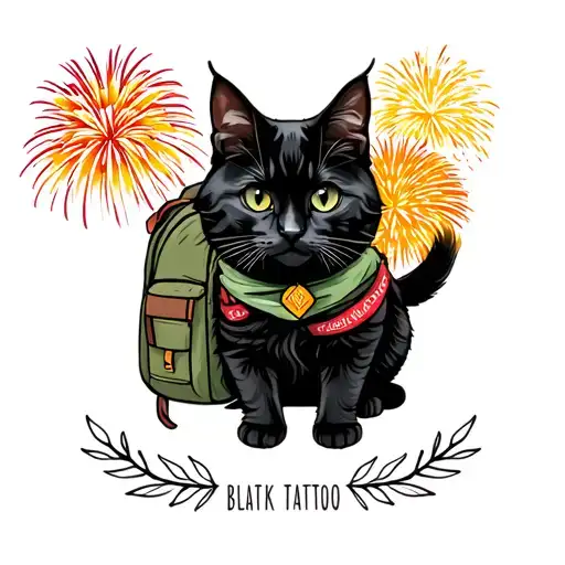 Neo Traditional Black Cat With A Backpack Full Of Fireworks