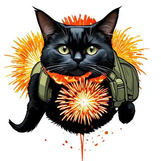 Neo Traditional Black Cat With A Backpack Full Of Fireworks