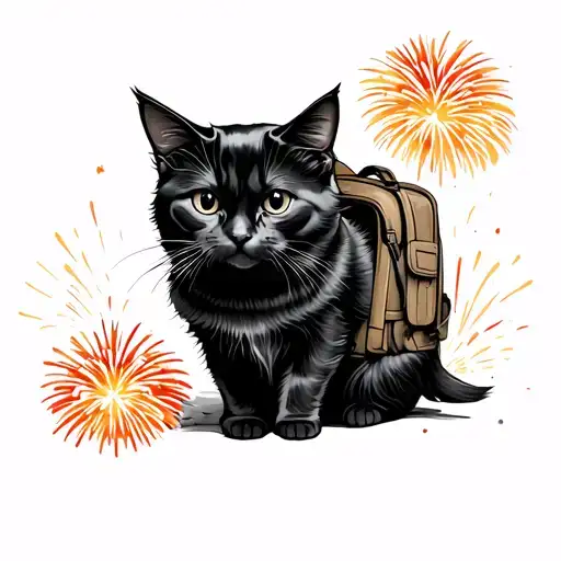Neo Traditional Black Cat With A Backpack Full Of Fireworks